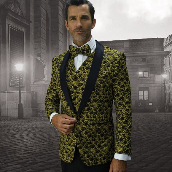 Mens Vested Floar Pattern Shawl Lapel Tuxedo in Gold - Picture 1 of 2